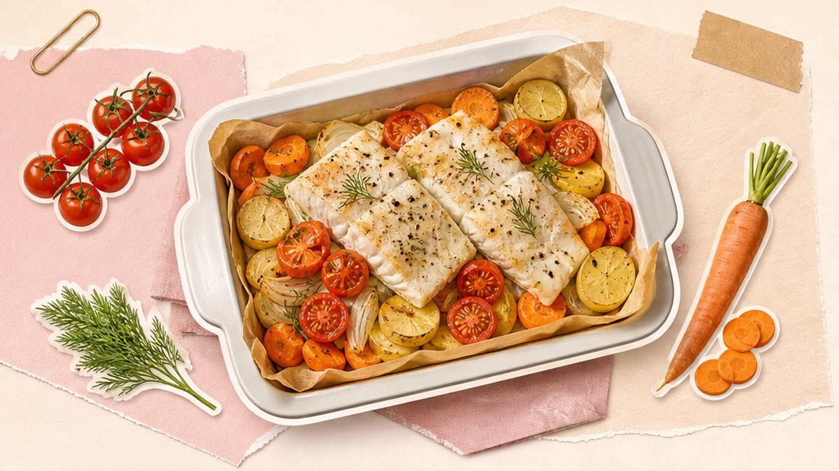 Стикерная карточка запечённой трески с овощами