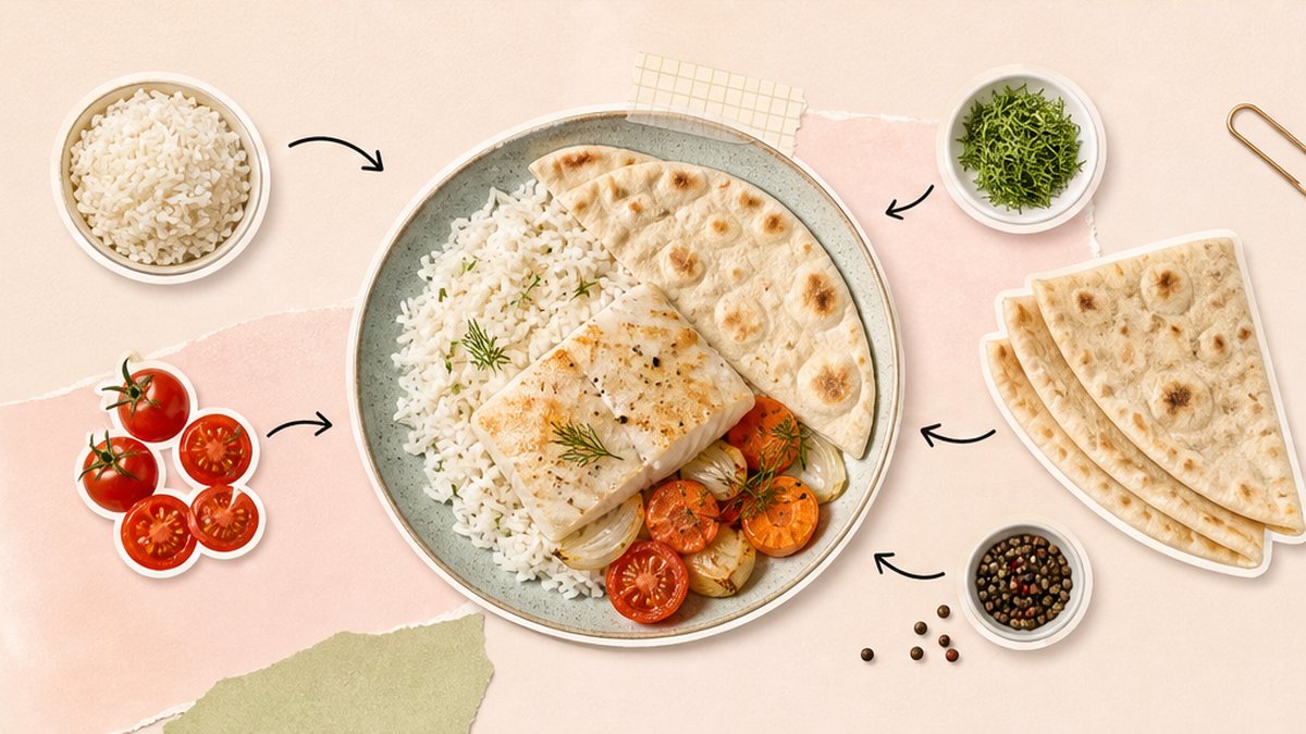 Стикерная карточка трески с рисом и лавашом