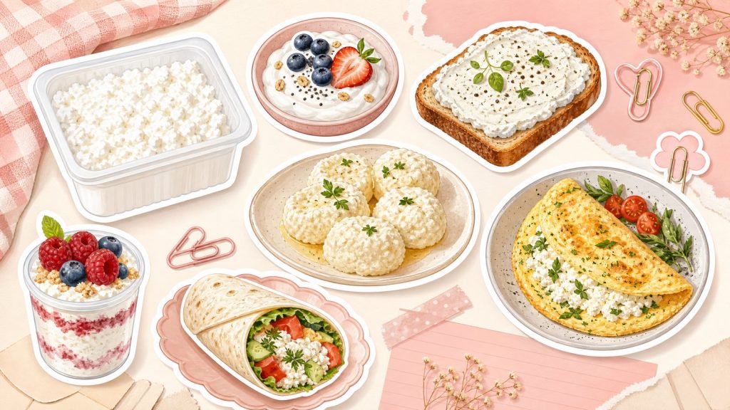 Как приготовить из творога – стикеры пачки творога, тоста, вареников и десерта на кремово-розовой столешнице