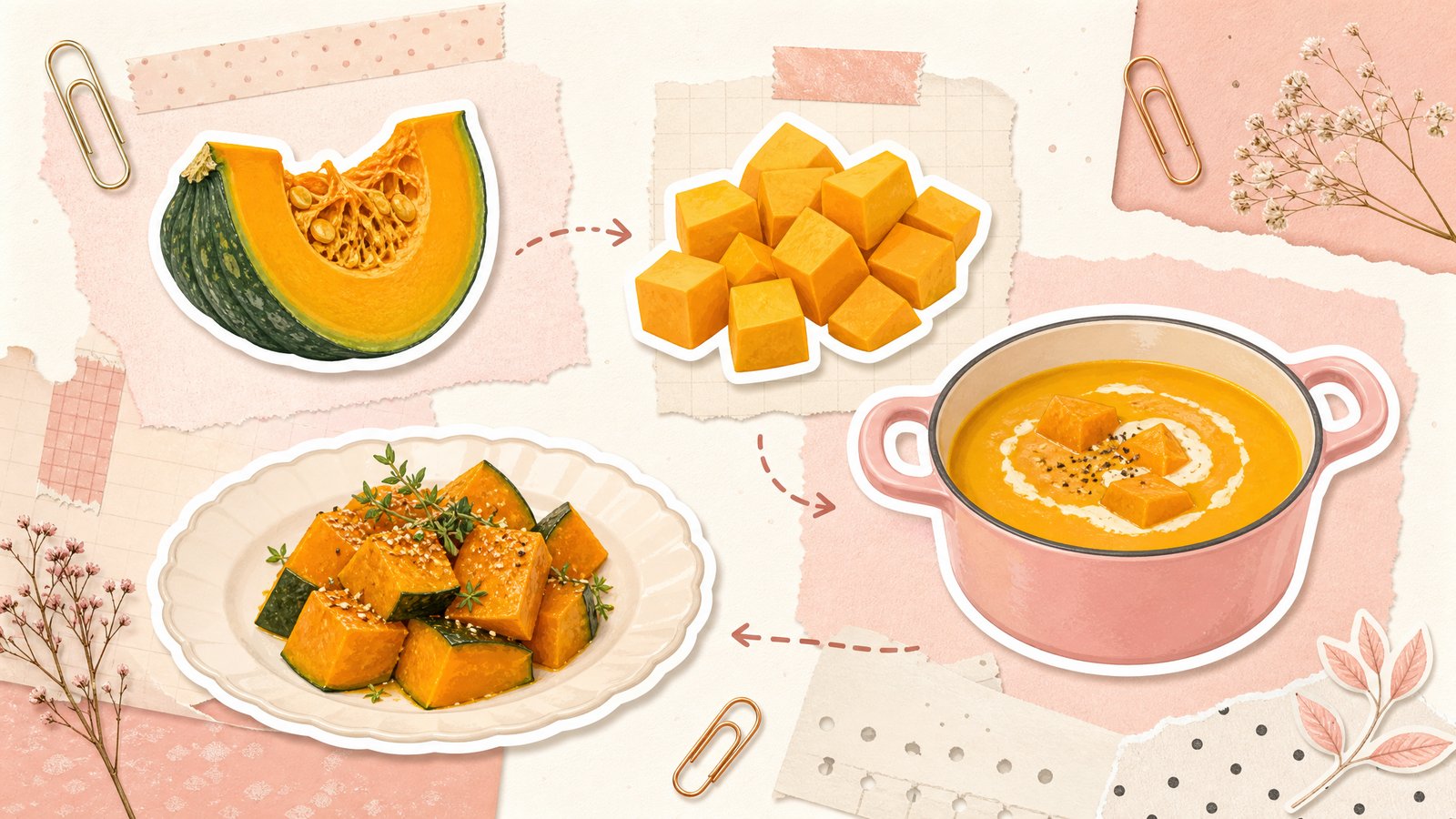 Стикеры шагов готовки тыквы: кусок, кубики, кастрюля супа и готовое блюдо