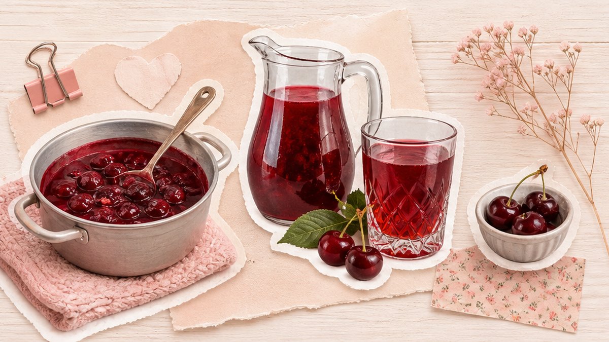 Стикеры компота из вишни в кастрюле