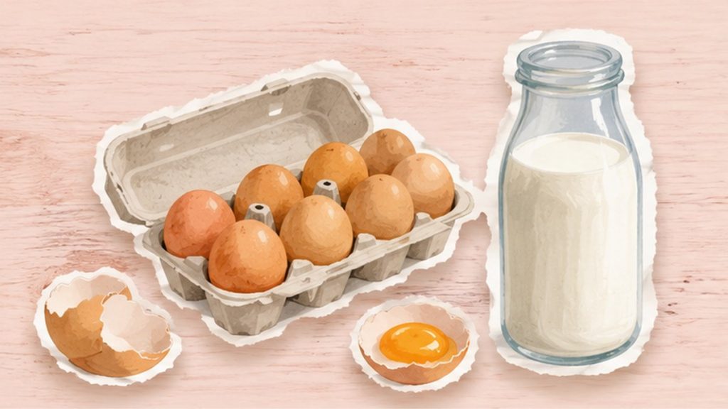 Как приготовить из яиц и молока – стикеры яиц, молока, омлета и блинчиков на кремово-розовой поверхности