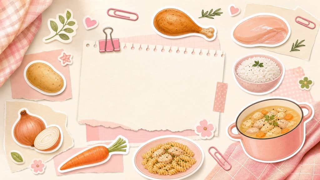 Как приготовить курицу – стикеры куриного филе, риса и овощей на кремово-розовой поверхности