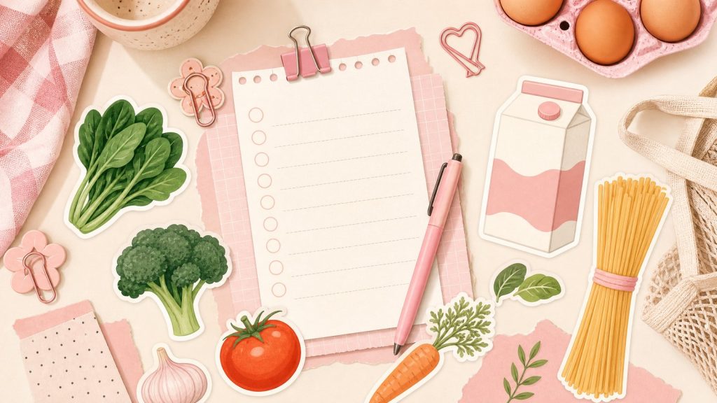 Список продуктов на неделю – стикеры покупок на кухонной столешнице, чеклист и простые продукты