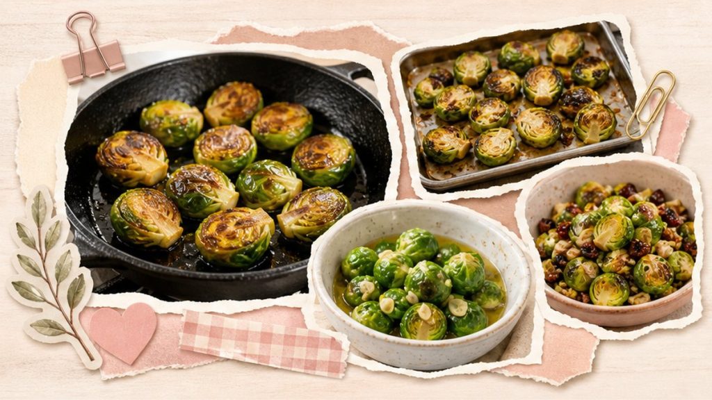 Брюссельская капуста - стикеры сковороды, духовки, салата и бекона на кремово-розовой поверхности