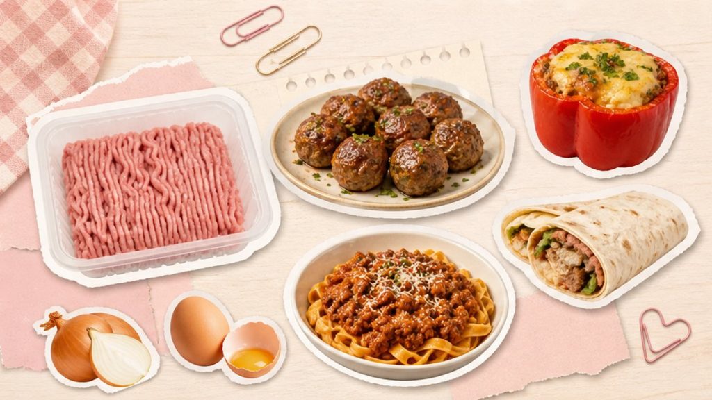 Фарш индейки – стикеры фарша, тефтелей и перца на кремово-розовой поверхности