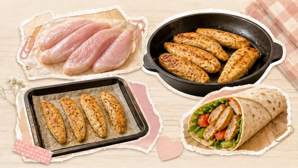 Филе индейки – стикеры мяса, сковороды, противня и лаваша на кремово-розовой поверхности