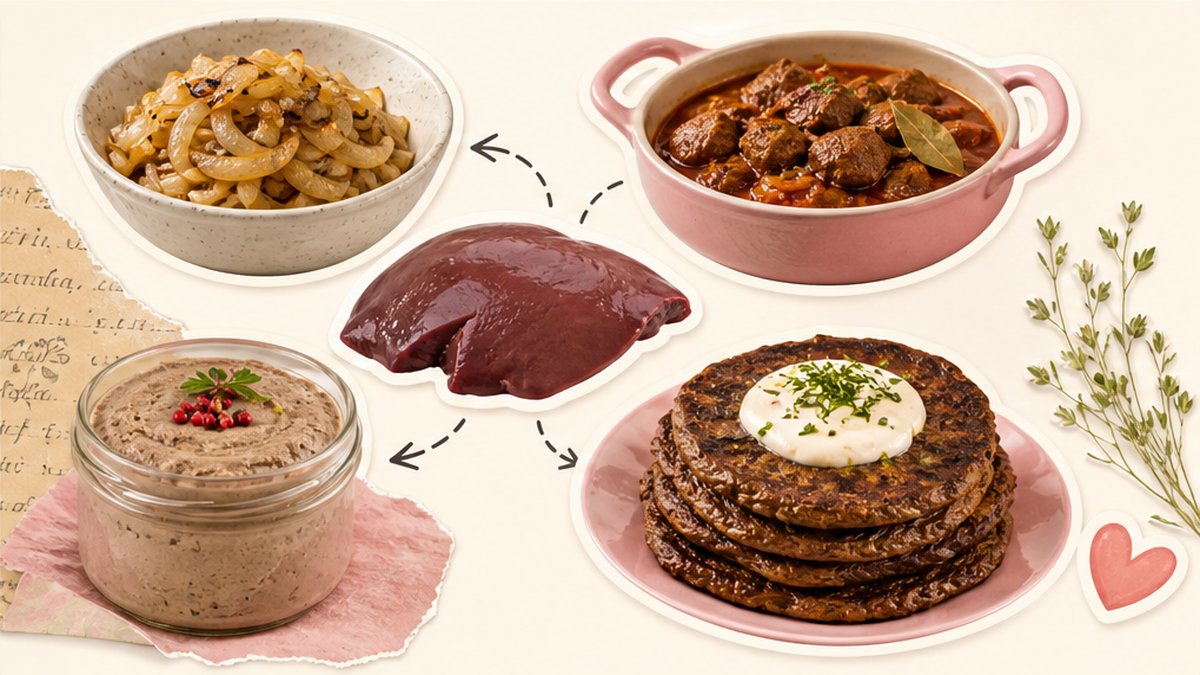Стикеры печени с луком, сметаной, оладьями и овощами