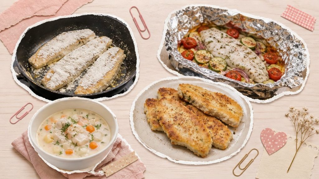 Хек - стикеры филе, сковороды, медальонов и супа на кремово-розовой поверхности