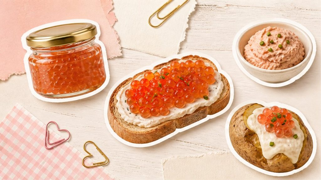 Рыбная икра – стикеры банки, бутерброда, пасты и картофеля на кремово-розовой поверхности