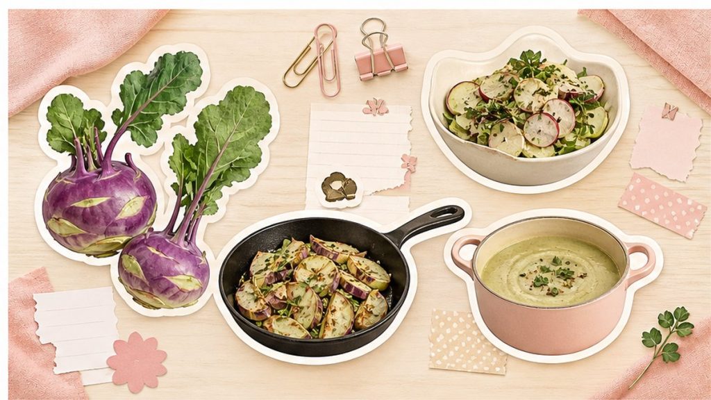 Кольраби - стикеры клубня, салата, сковороды и супа на кремово-розовой поверхности