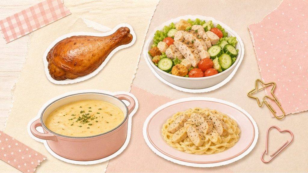 Как приготовить из копченой курицы – стикеры салата, супа и пасты на кремово-розовой поверхности