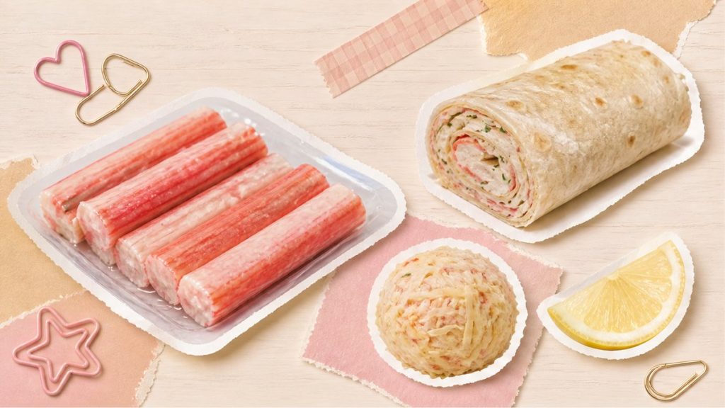 Крабовые палочки – стикеры блюд из сурими, сыра, зелени и лимона на кремово-розовой поверхности