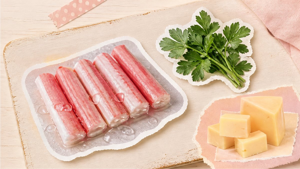 Стикеры разморозки крабовых палочек, зелени и сыра на кремовой поверхности