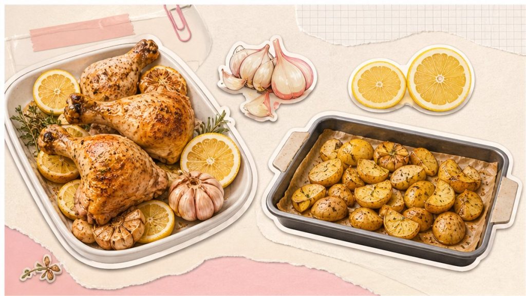 Куриные окорочка - стикеры ноги, лимона, картофеля и противня на кремово-розовой поверхности