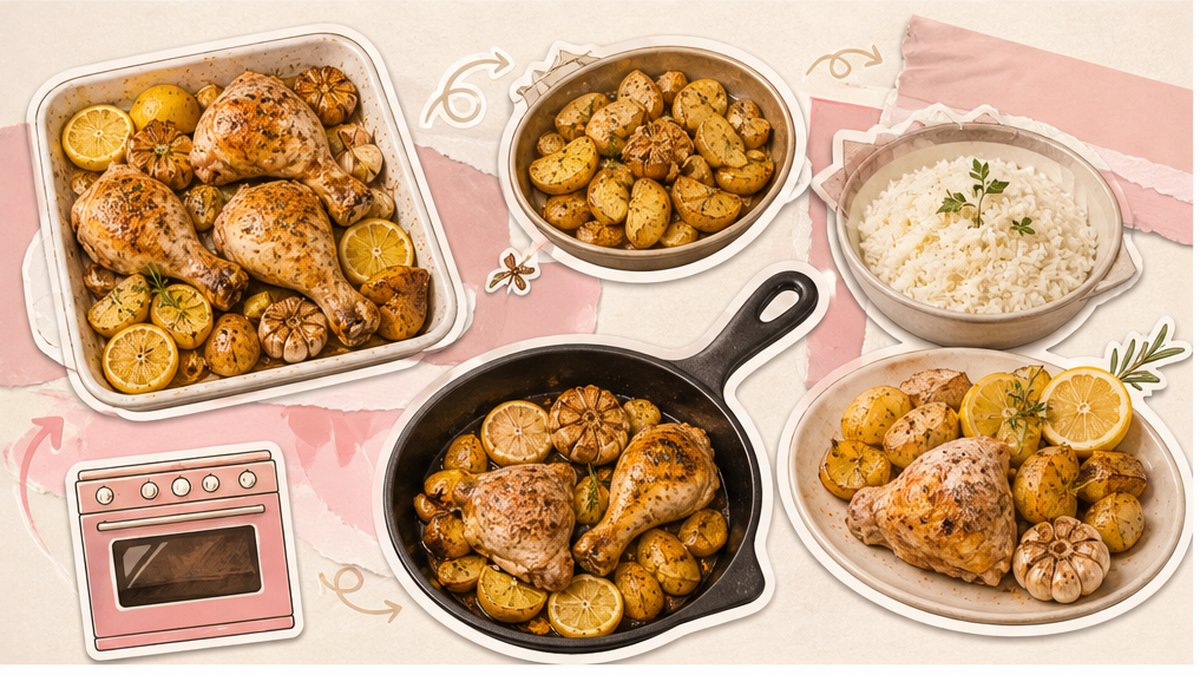 Стикеры окорочков с лимоном, картофелем, рисом и сковородой