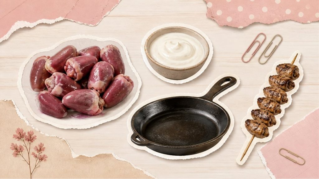 Куриные сердечки – стикеры блюд в сметане, супа и шашлычков на кремово-розовой поверхности