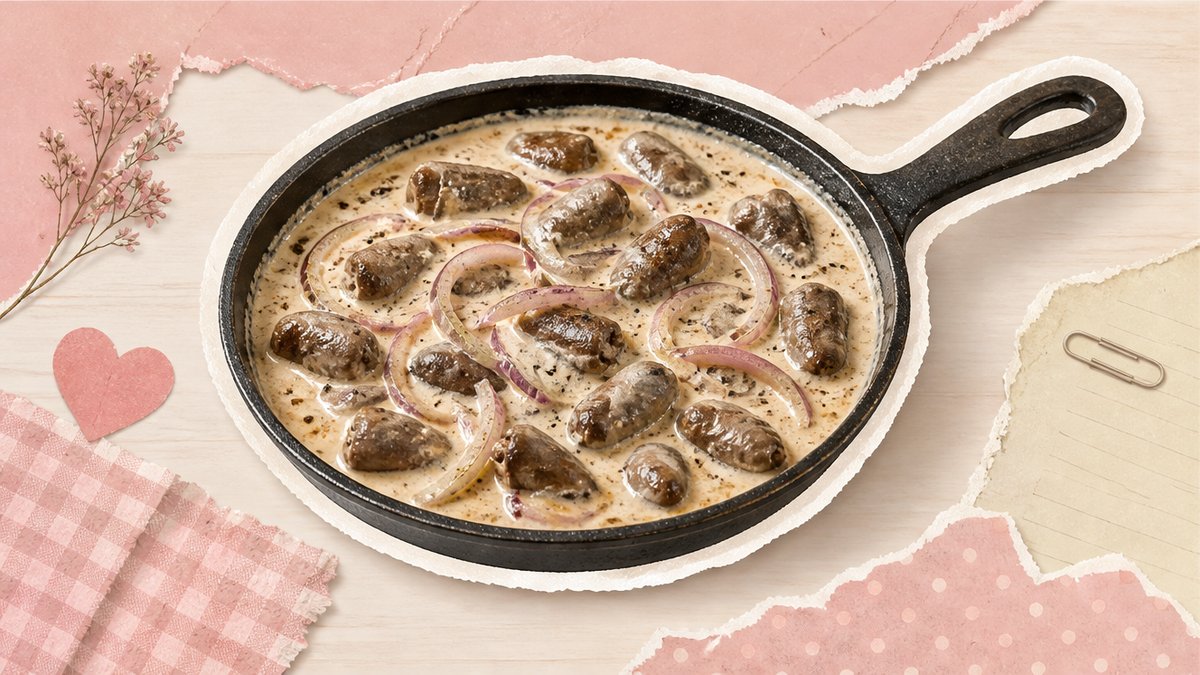 Стикеры тушёных куриных сердечек в сметанном соусе с луком на сковороде