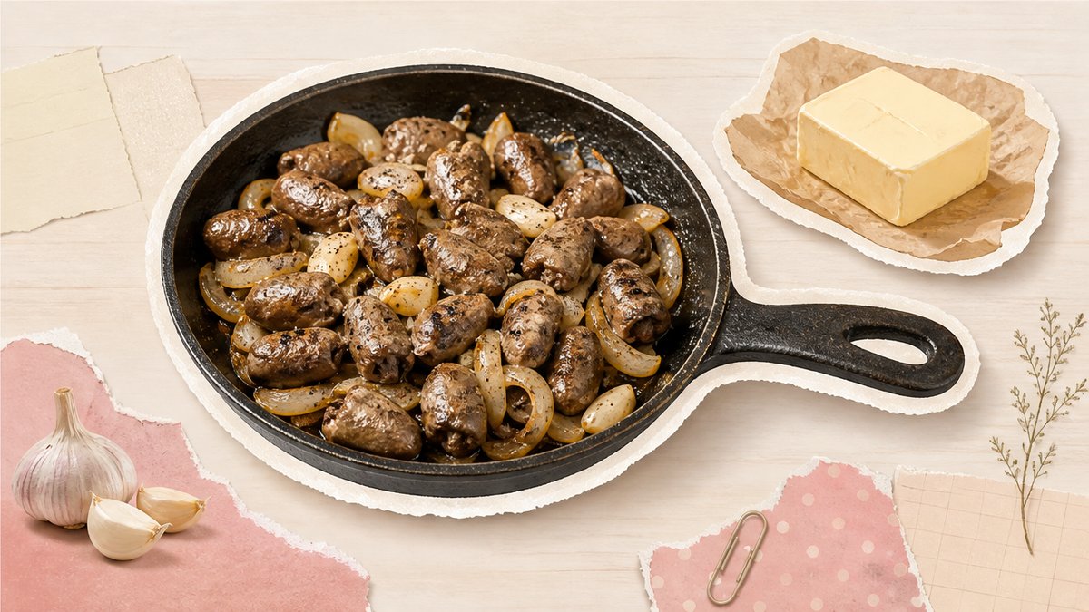 Стикеры жареных куриных сердечек с луком и чесноком на сковороде