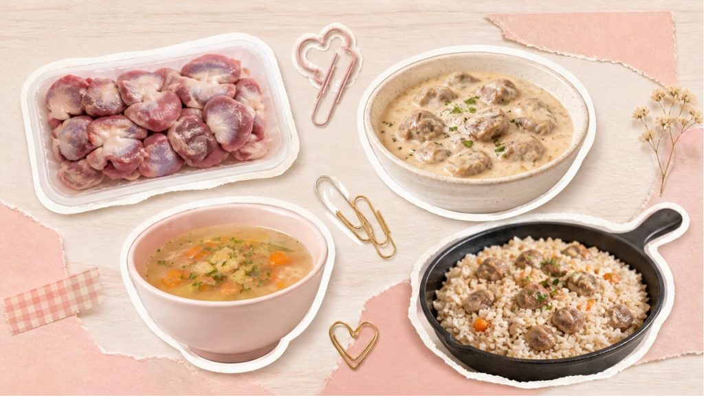 Куриные желудки – стикеры блюд в сметане, супа и риса на кремово-розовой поверхности