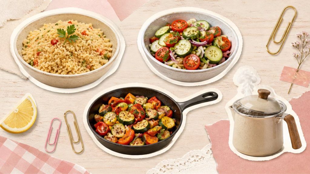 Кускус – стикеры крупы, салата, овощей и кастрюли на кремово-розовой поверхности