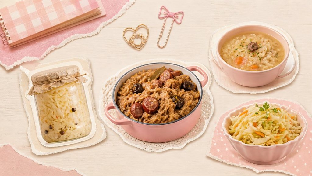 Как приготовить из квашеной капусты – стикеры бигуса, щей, салата и пирога на кремово-розовой поверхности