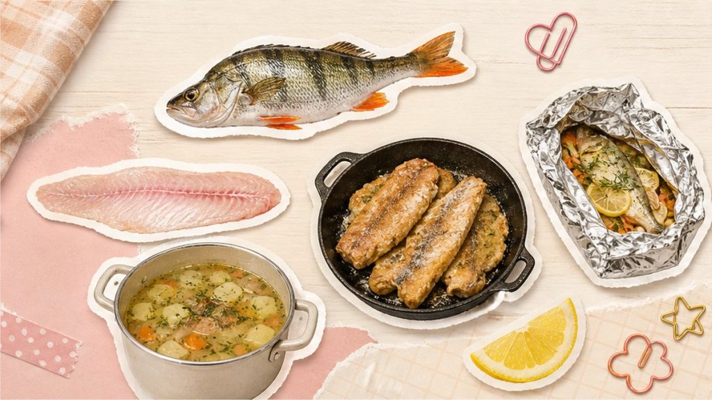 Окунь – стикеры речной тушки, филе на сковороде и ухи на кремово-розовой поверхности