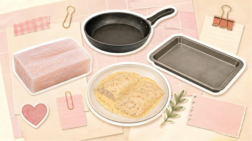 Пангасиус - стикеры филе, сковороды, кляра и духовки на кремово-розовой поверхности