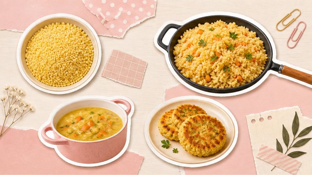 Как приготовить из пшена – стикеры каши, плова и котлет на кремово-розовой поверхности