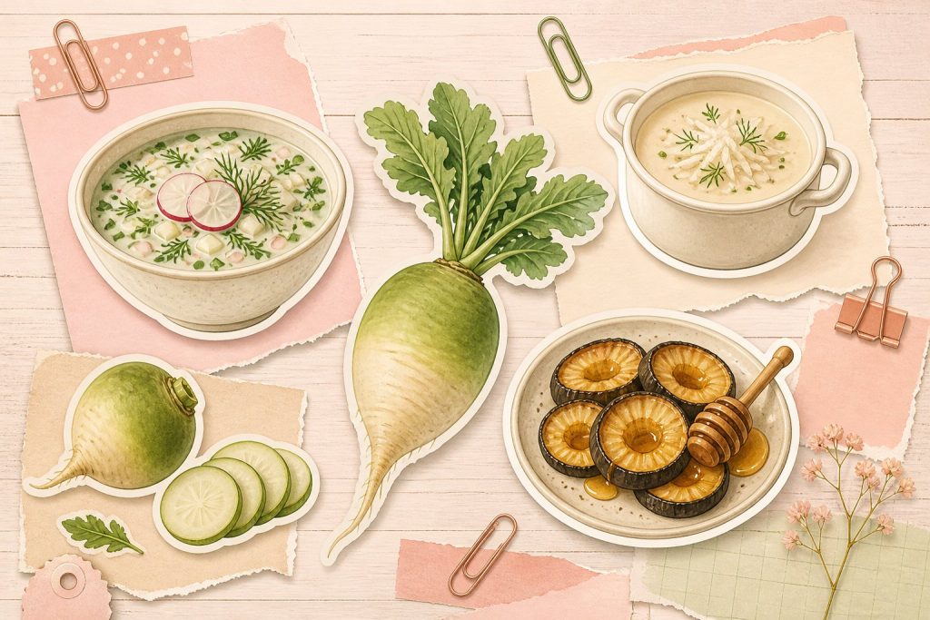 Редька – стикеры салата, окрошки, пюре и запекания на кремово-розовой поверхности