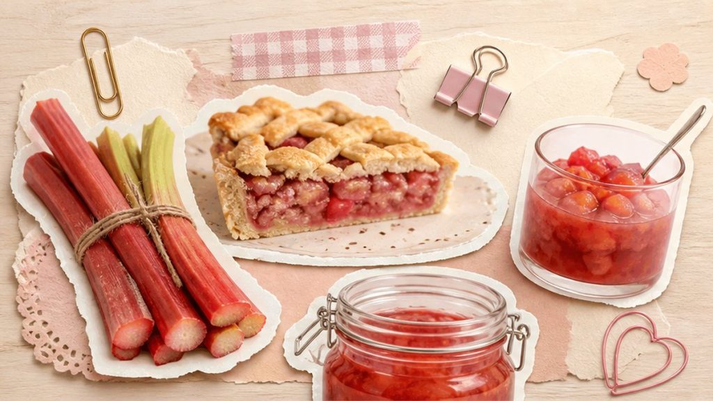 Ревень - стикеры стеблей, компота, пирога и варенья на кремово-розовой поверхности