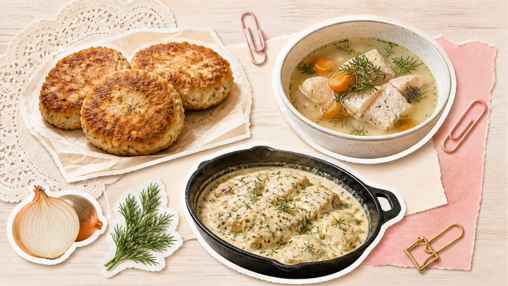 Щука – стикеры котлет, ухи и стейков в сметане на кремово-розовой поверхности