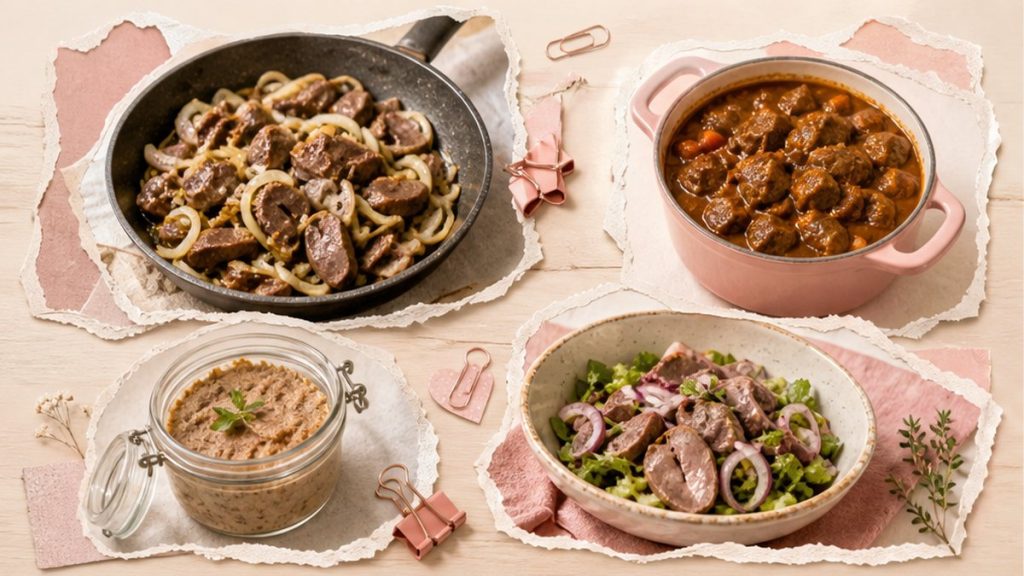 Сердце - стикеры гуляша, лука, салата и паштета на кремово-розовой поверхности
