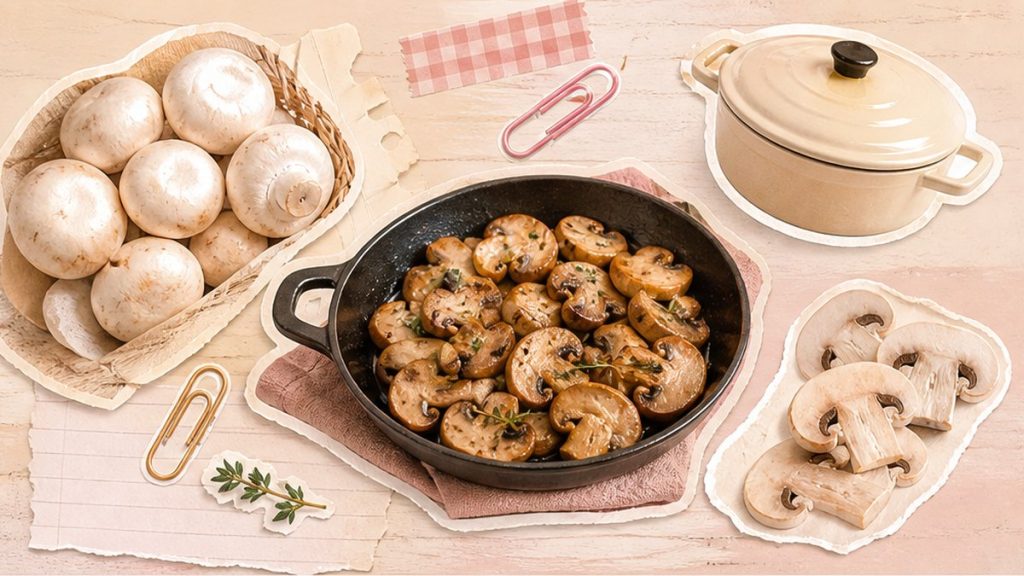 Шампиньоны – стикеры грибов, сковороды, сливок и супа на кремово-розовой поверхности