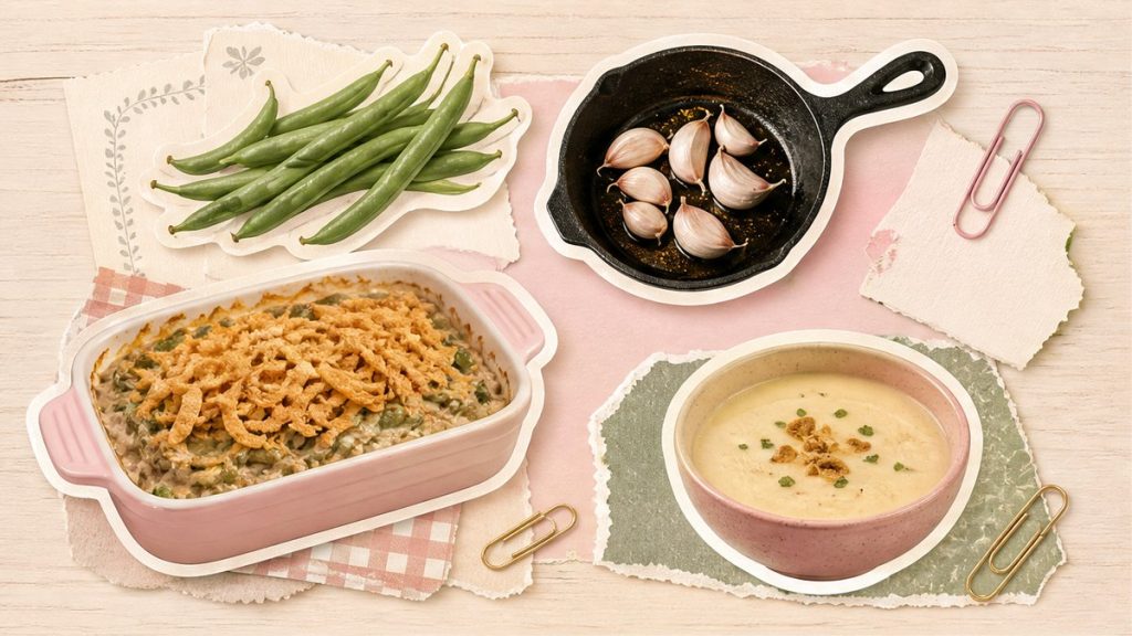 Стручковая фасоль – стикеры сковороды с чесноком, супа, запеканки и салата на кремово-розовой поверхности