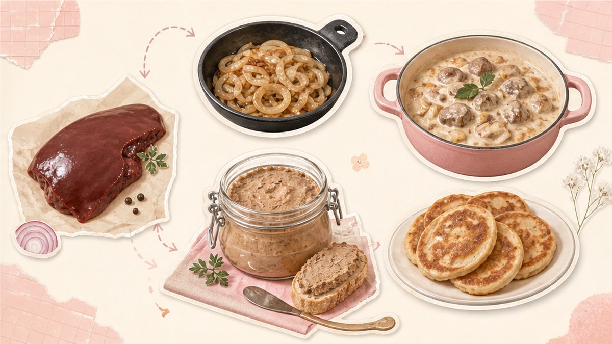 Стикеры свиной печени с луком, паштетом, оладьями и сметаной