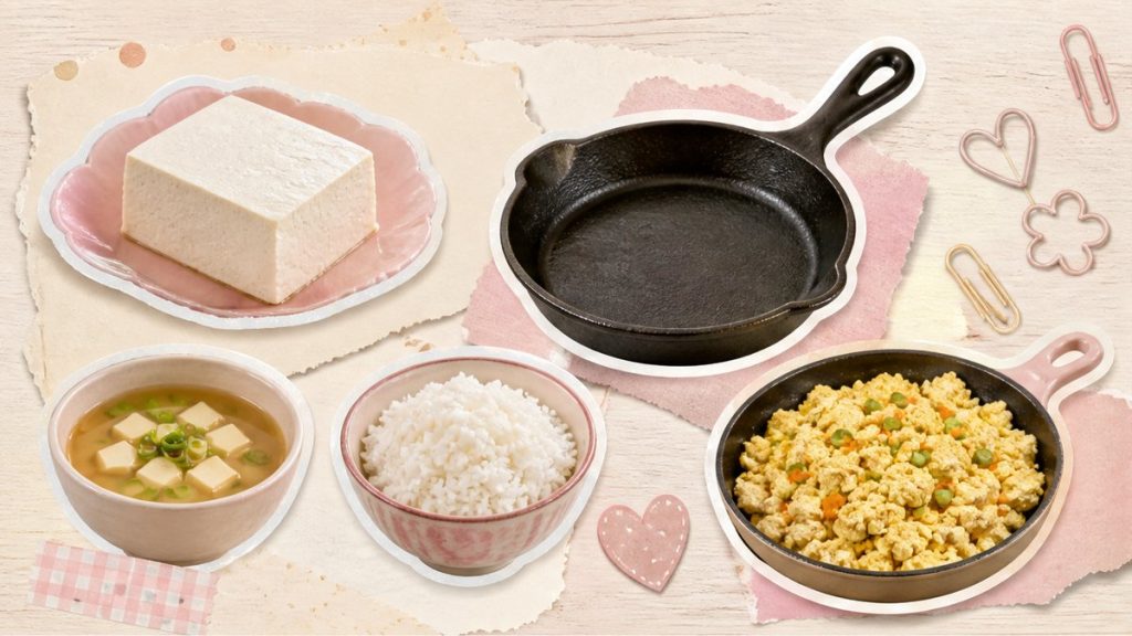 Тофу – стикеры сковороды, супа, боула и скрэмбла на кремово-розовой поверхности