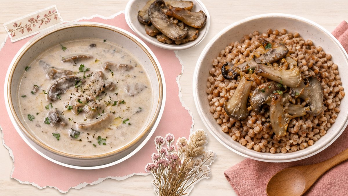 Стикеры вешенок с луком, сметаной, супом и гречкой