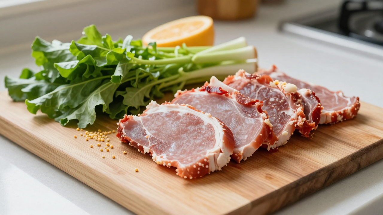 Разделка мясного куска на порции для трёх дней рядом с овощами и крупой