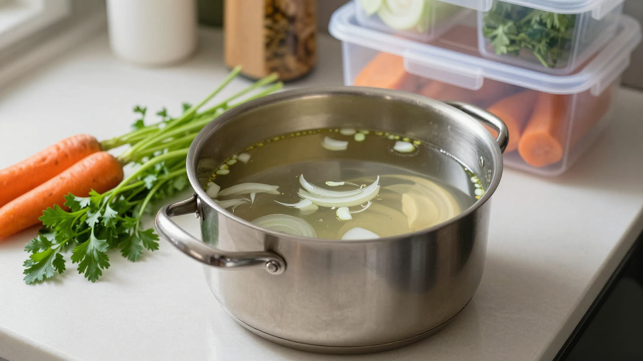 Кастрюля с прозрачным бульоном, овощной каркас и контейнеры запасов на кухонном столе