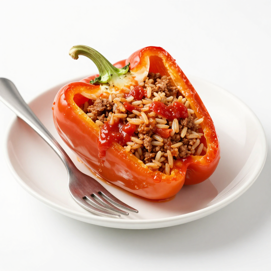 Готовые фаршированные перцы с фаршем и рисом на тарелке