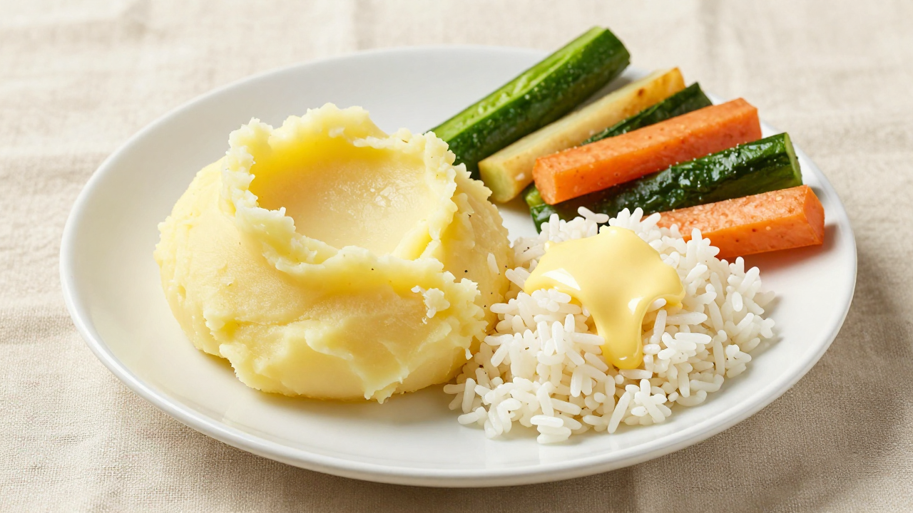 Пюре формой, рассыпчатая крупа с маслом и овощные палочки на детской тарелке