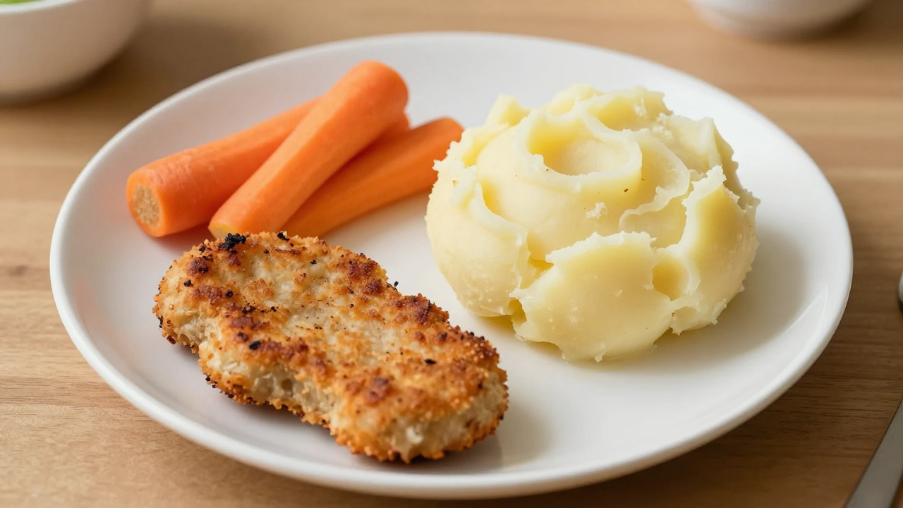 Формочка пюре рядом с котлетой и палочками моркови