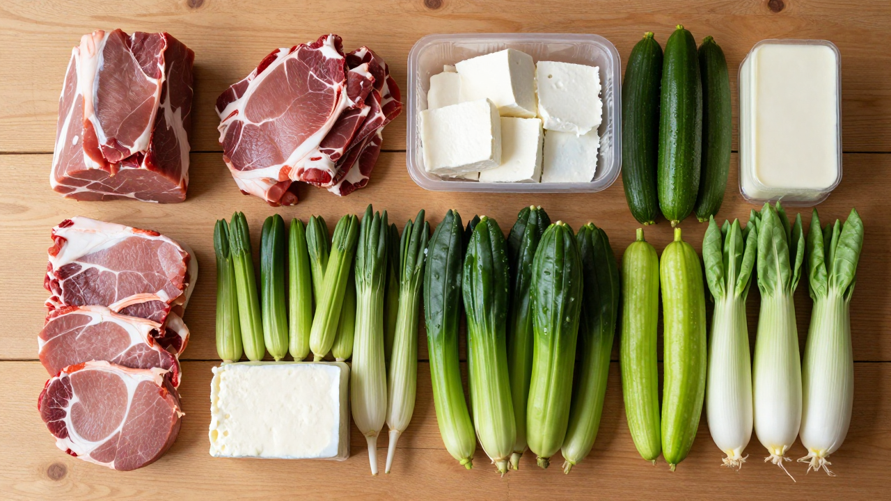 Разложенные продукты после скидки: мясо, молочка, овощи на кухонном столе