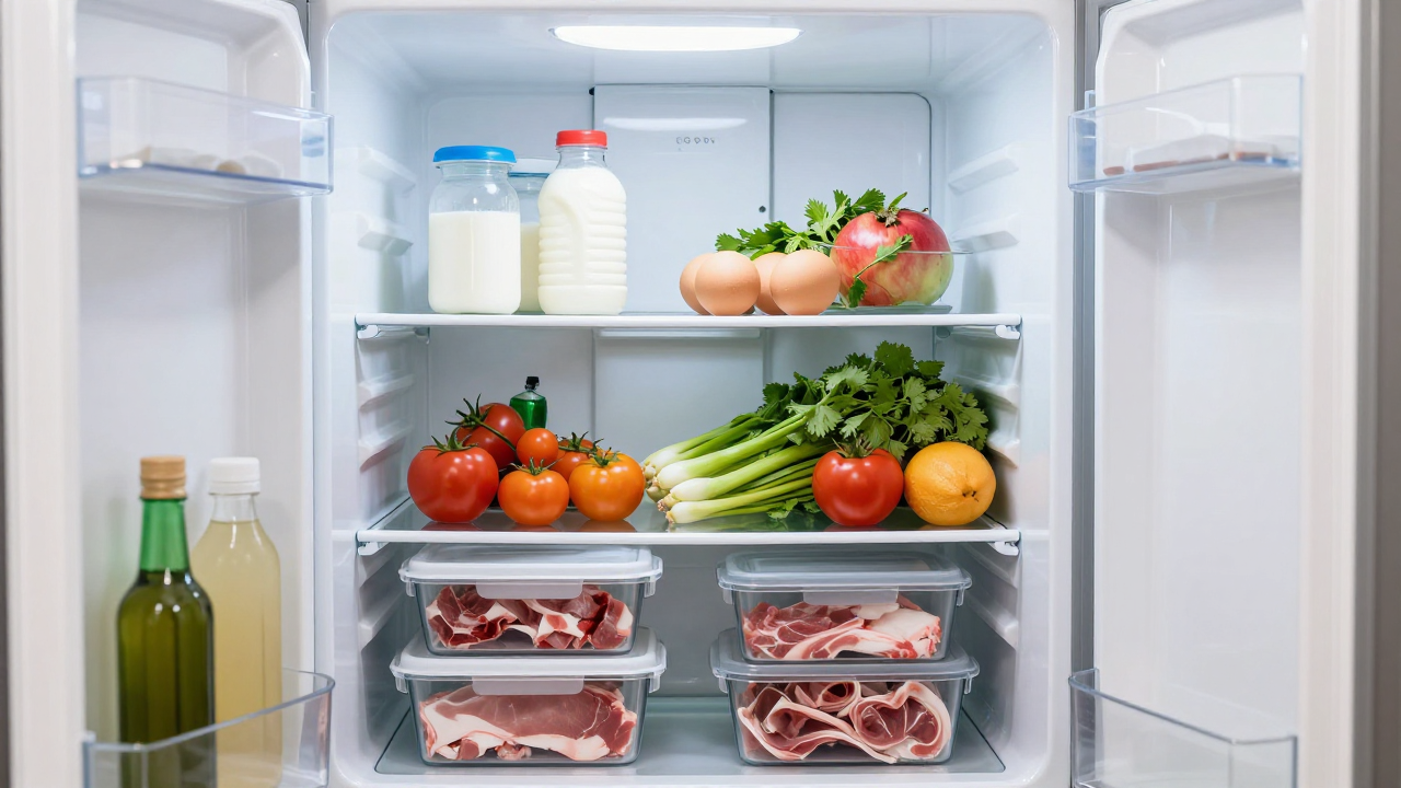Открытый холодильник с разложенными по зонам продуктами после закупки