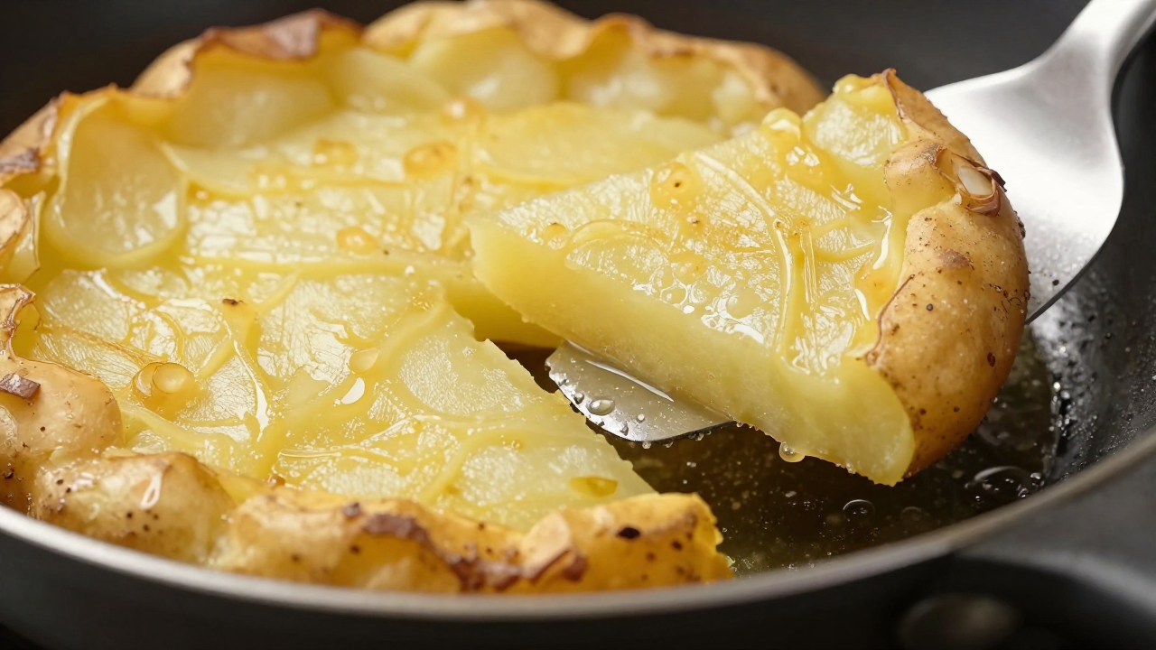 Ломтики картофеля с золотой корочкой на широкой сковороде