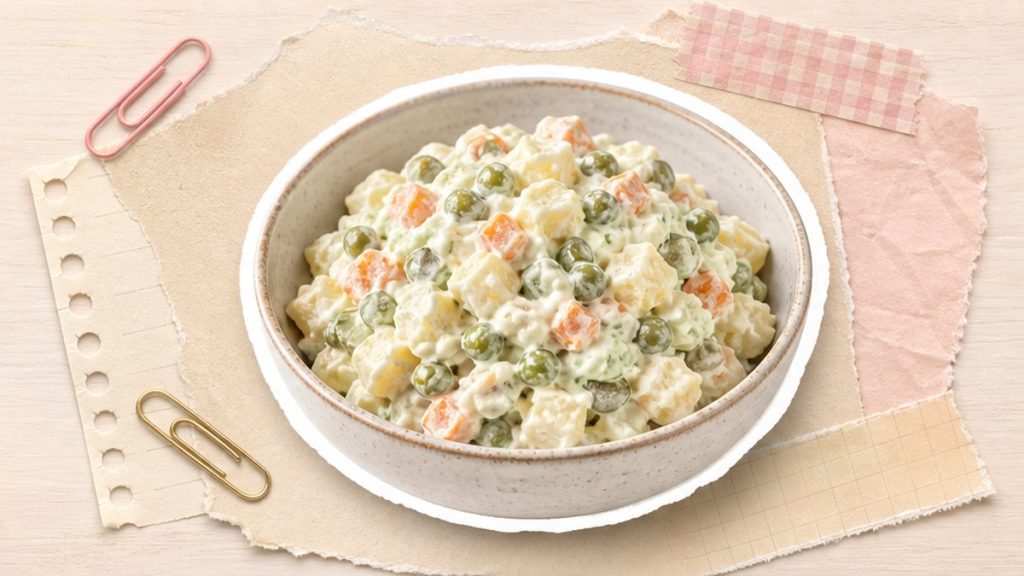 Оливье - стикеры миски, горошка, банки майонеза и обрывка старого меню на кремово-розовой поверхности