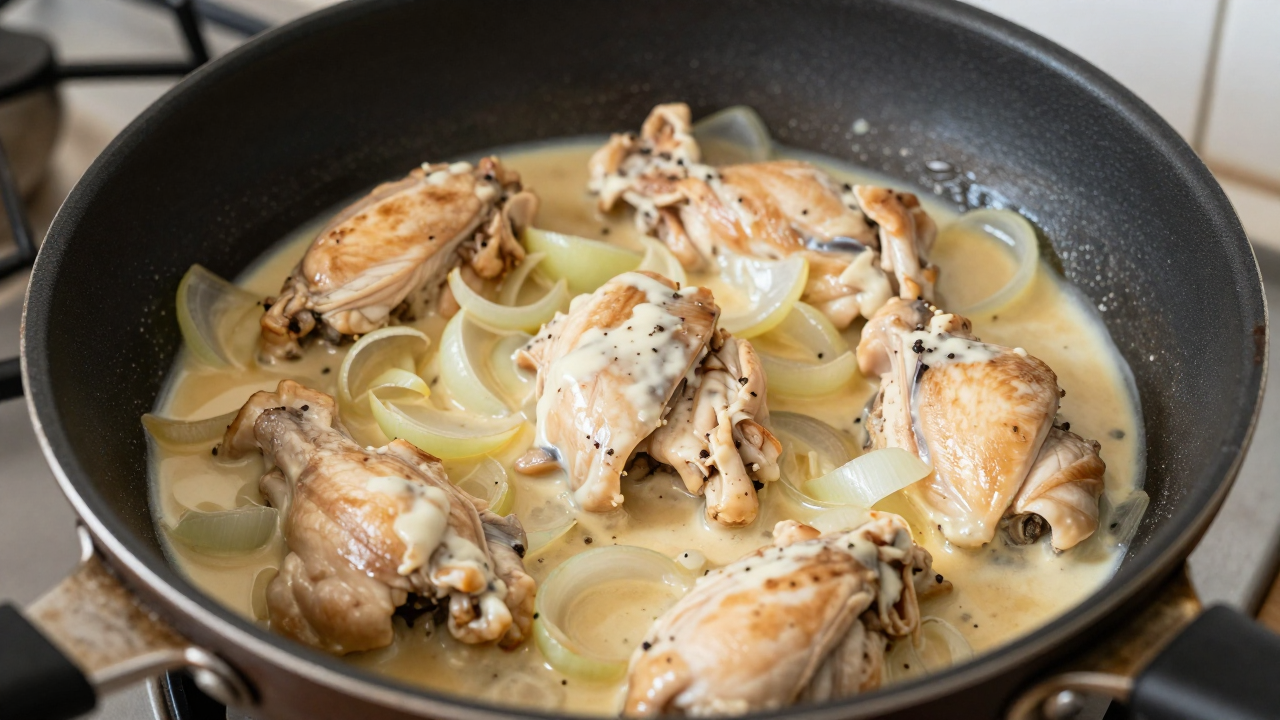 Обжарка кусочков курицы с луком перед сметанным соусом