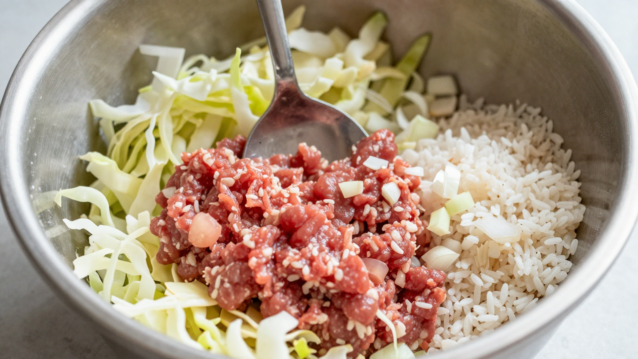 Фарш смешивают с шинкованной капустой, рисом и луком