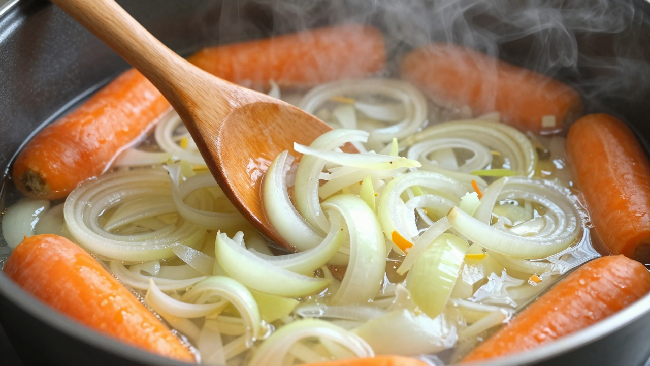 Пассеровка лука и моркови на дне кастрюли для овощного супа
